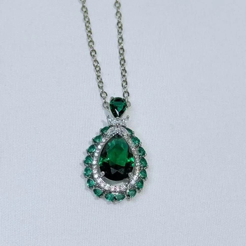 Emerald Teardrop Pear Shape Necklace Pendant, Earrings, Bracelet Set, Plated - Picture 2 of 10